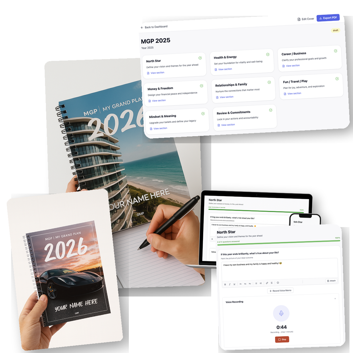 MGP 2026 Grand Master Plan - Life planning tool showing laptop and planner