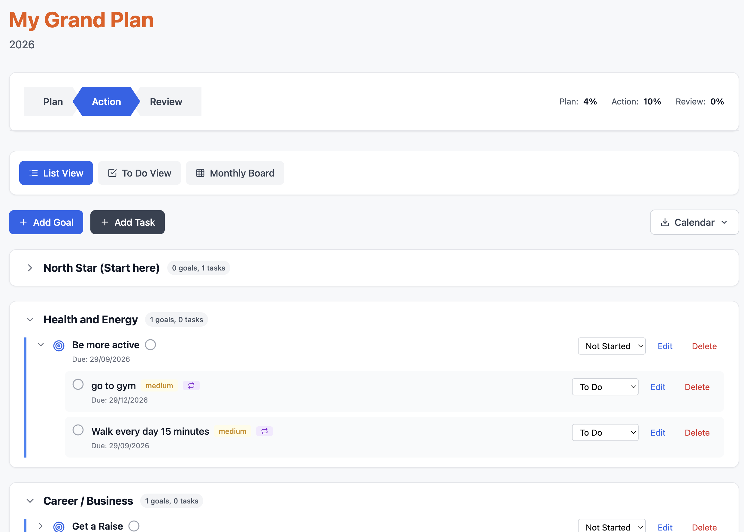 Screenshot showing progress bars and completion percentages across life sections