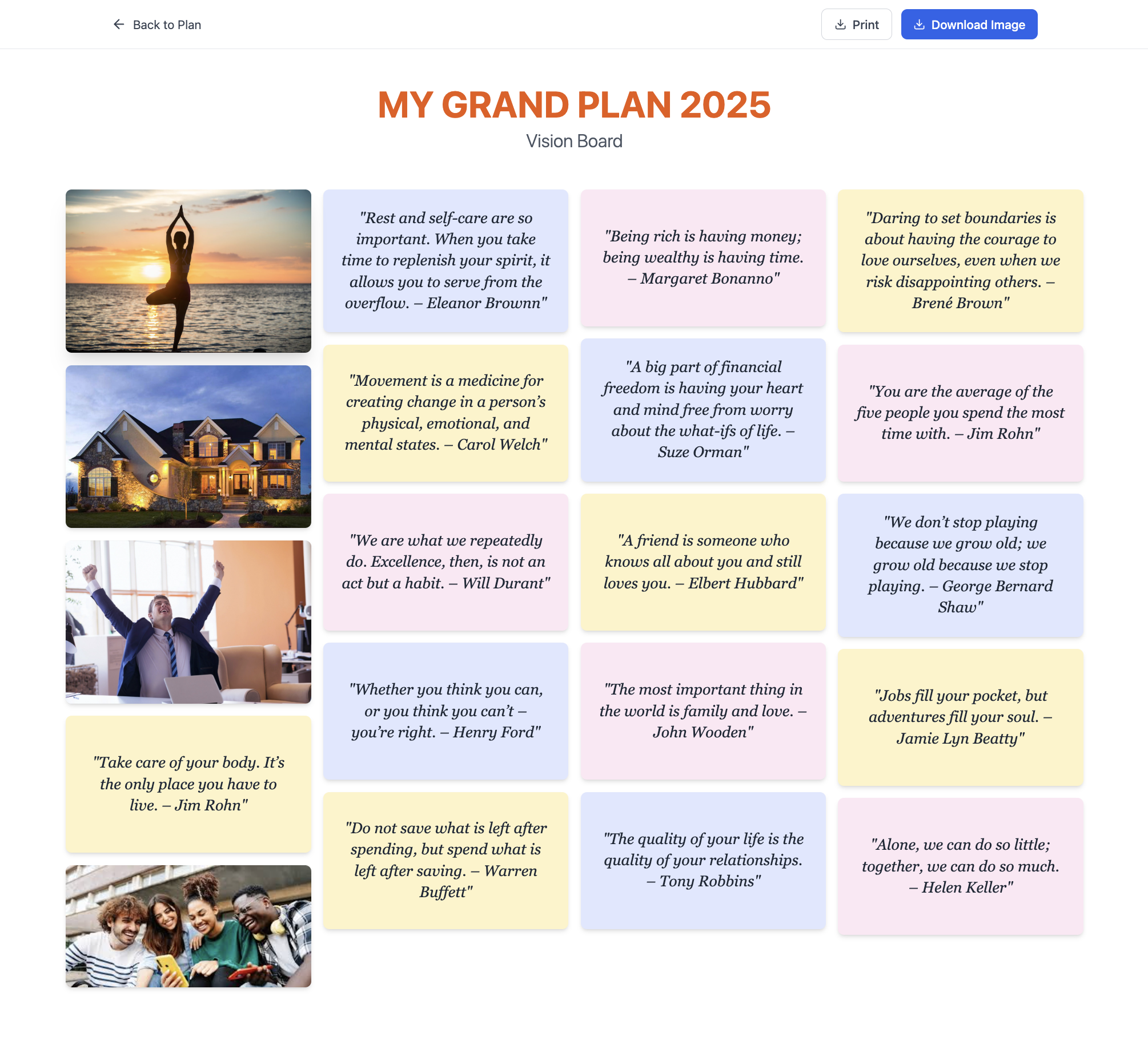 Screenshot of the vision board with priority areas and visual goal tracking